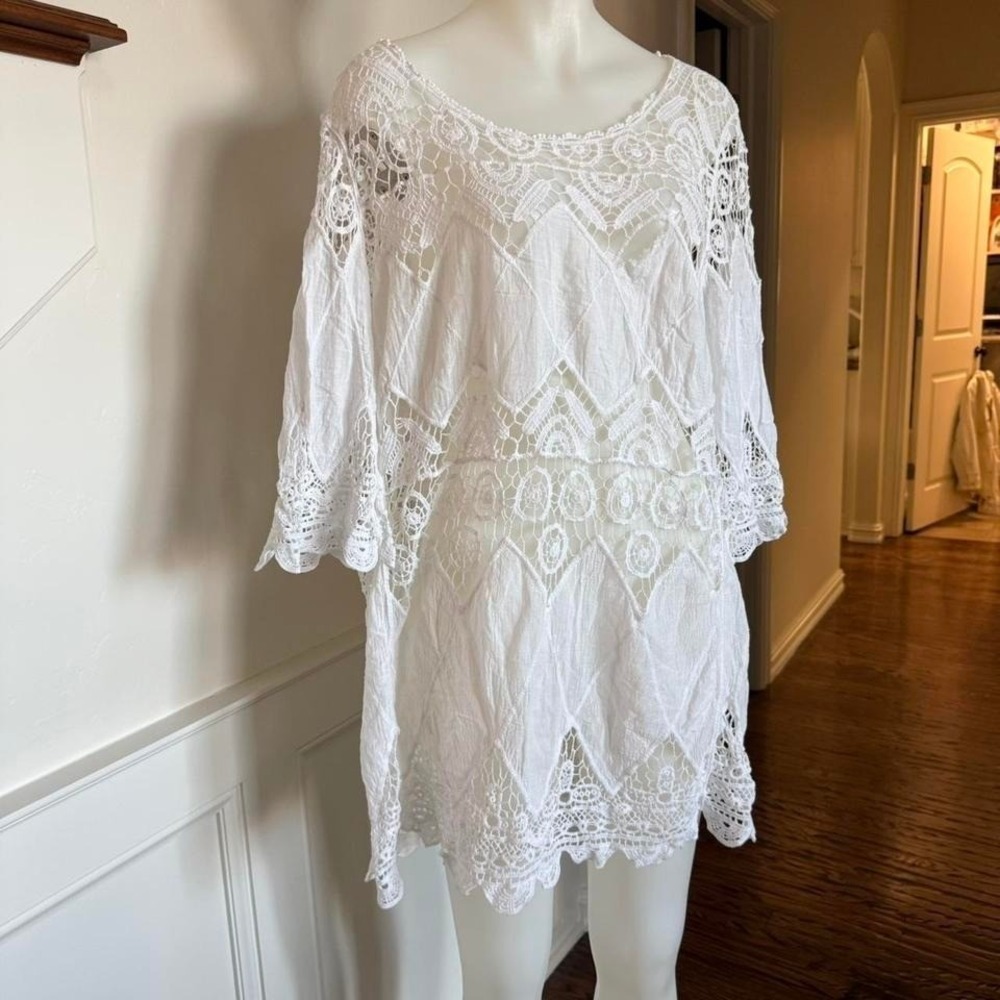White crochet lace mini dress or swimsuit coverup with bell sleeves